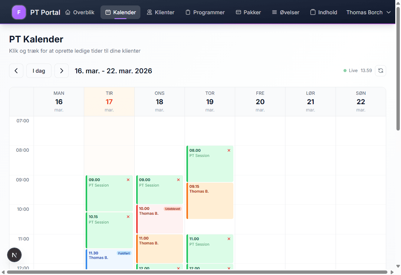 PT Kalender med sessioner og klientbookinger
